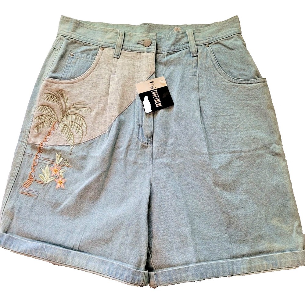 Together High Rise Denim Shorts Womens  Light Blue Palm Embroidered 28"